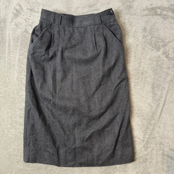 Vintage Yves Saint Laurent Variation Wool Herringbone Midi Skirt Gray Size 40 - Picture 7 of 10